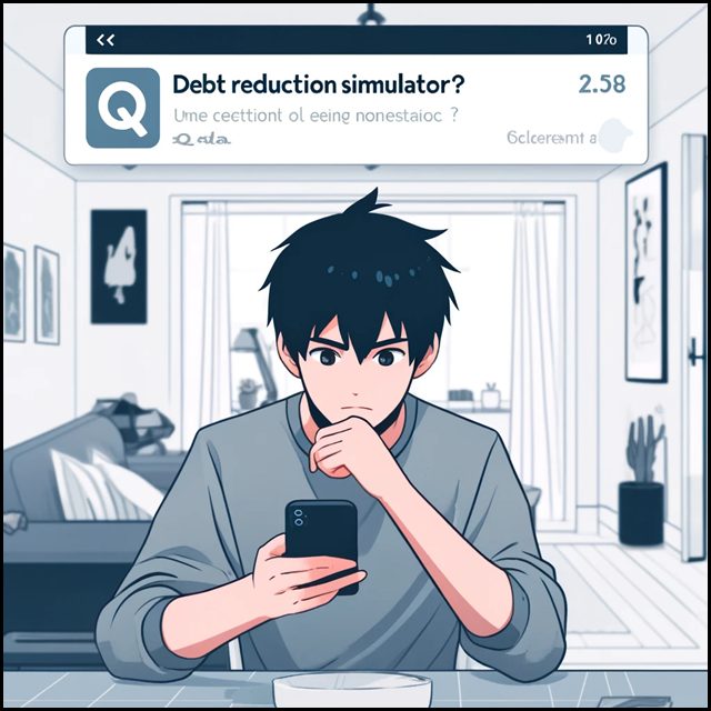 「借金減額シミュレーターは怪しい」と考えている青年男性が、家でその真相をQ&Aサイトをスマホで情報収集しているシーン